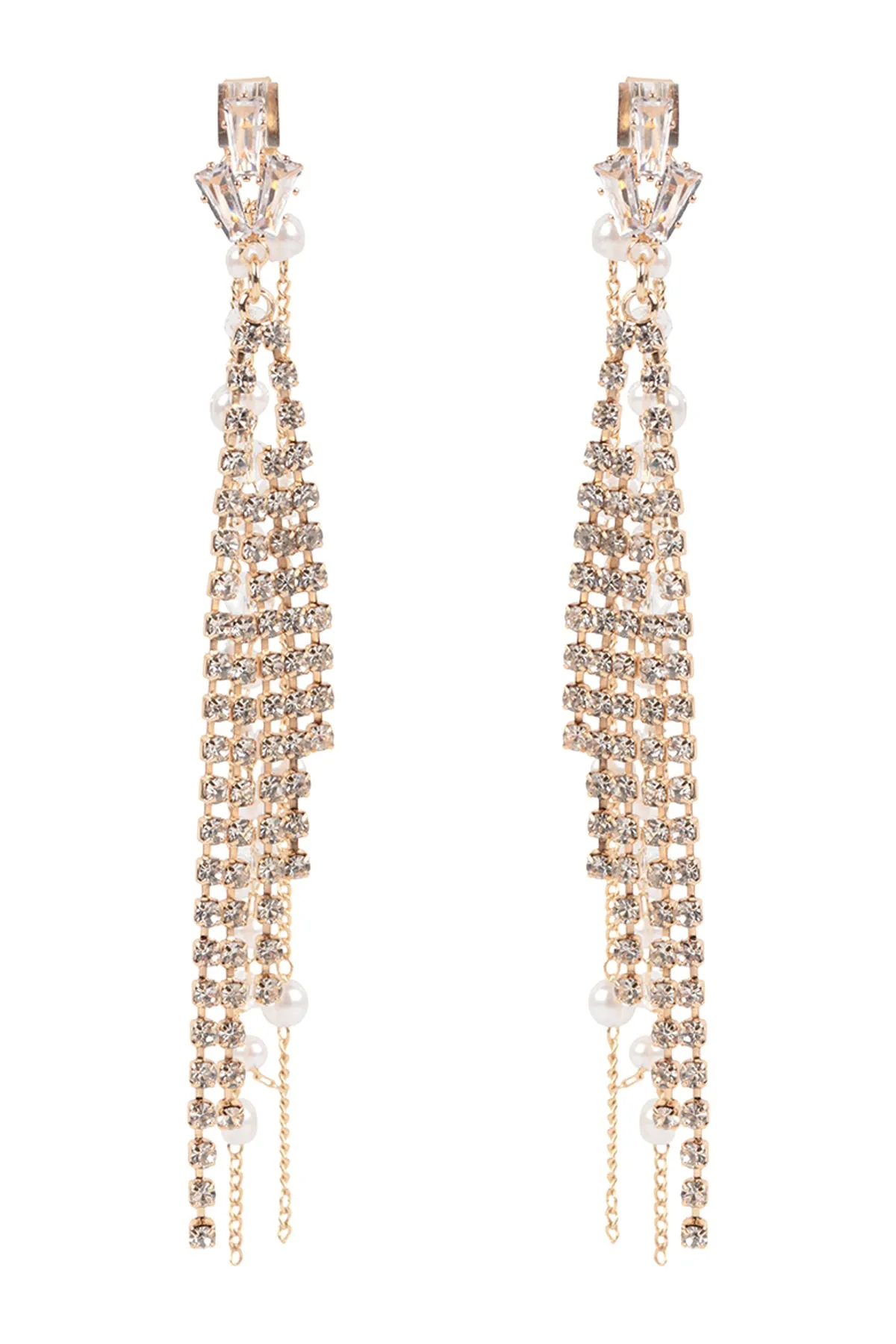 PEARL RHINESTONE FRINGE FRONT BACK CHAIN DROP EARRINGS