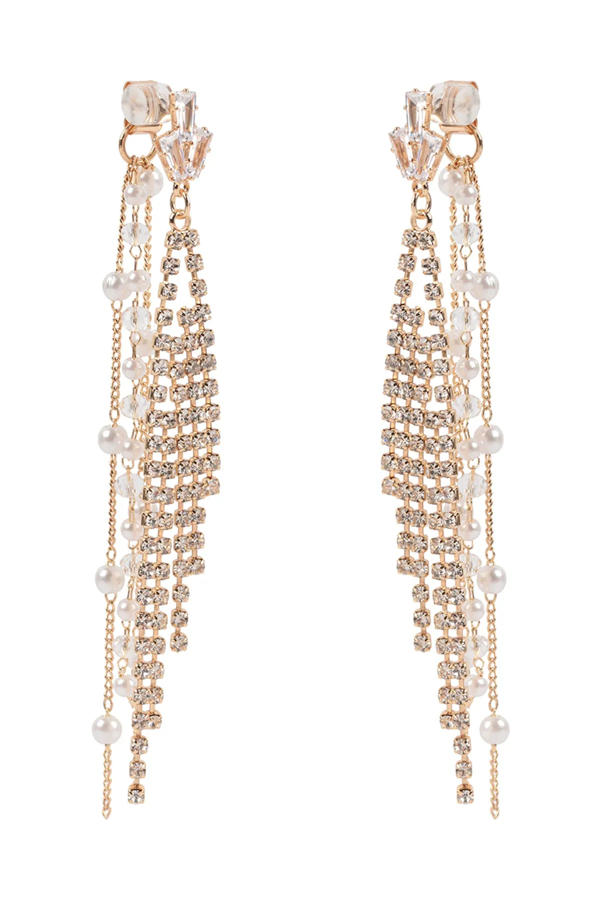 PEARL RHINESTONE FRINGE FRONT BACK CHAIN DROP EARRINGS