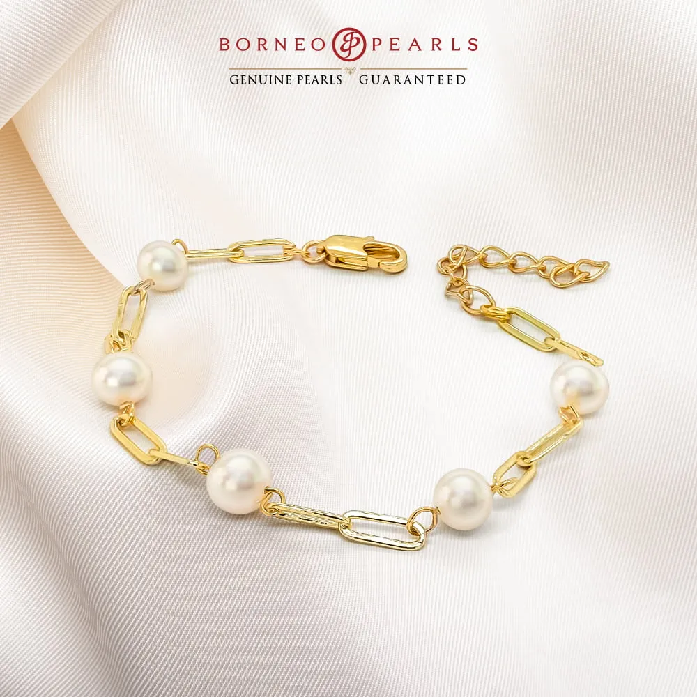 Pearls on Gold Platted Link Chain Bracelet