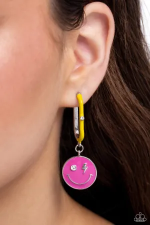 Personable Pizzazz - Pink - Neon Smiley Face Charm Paparazzi Hoop Earrings