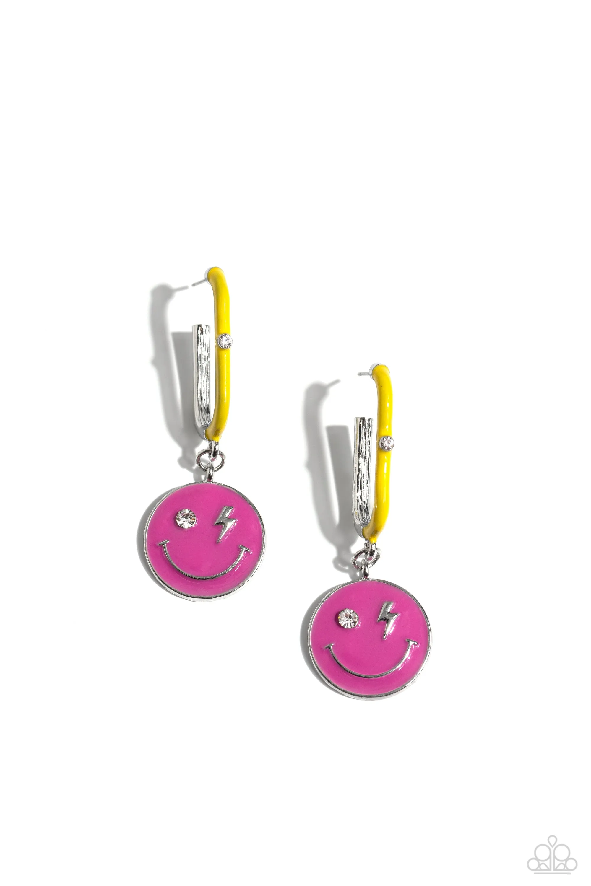 Personable Pizzazz - Pink - Neon Smiley Face Charm Paparazzi Hoop Earrings