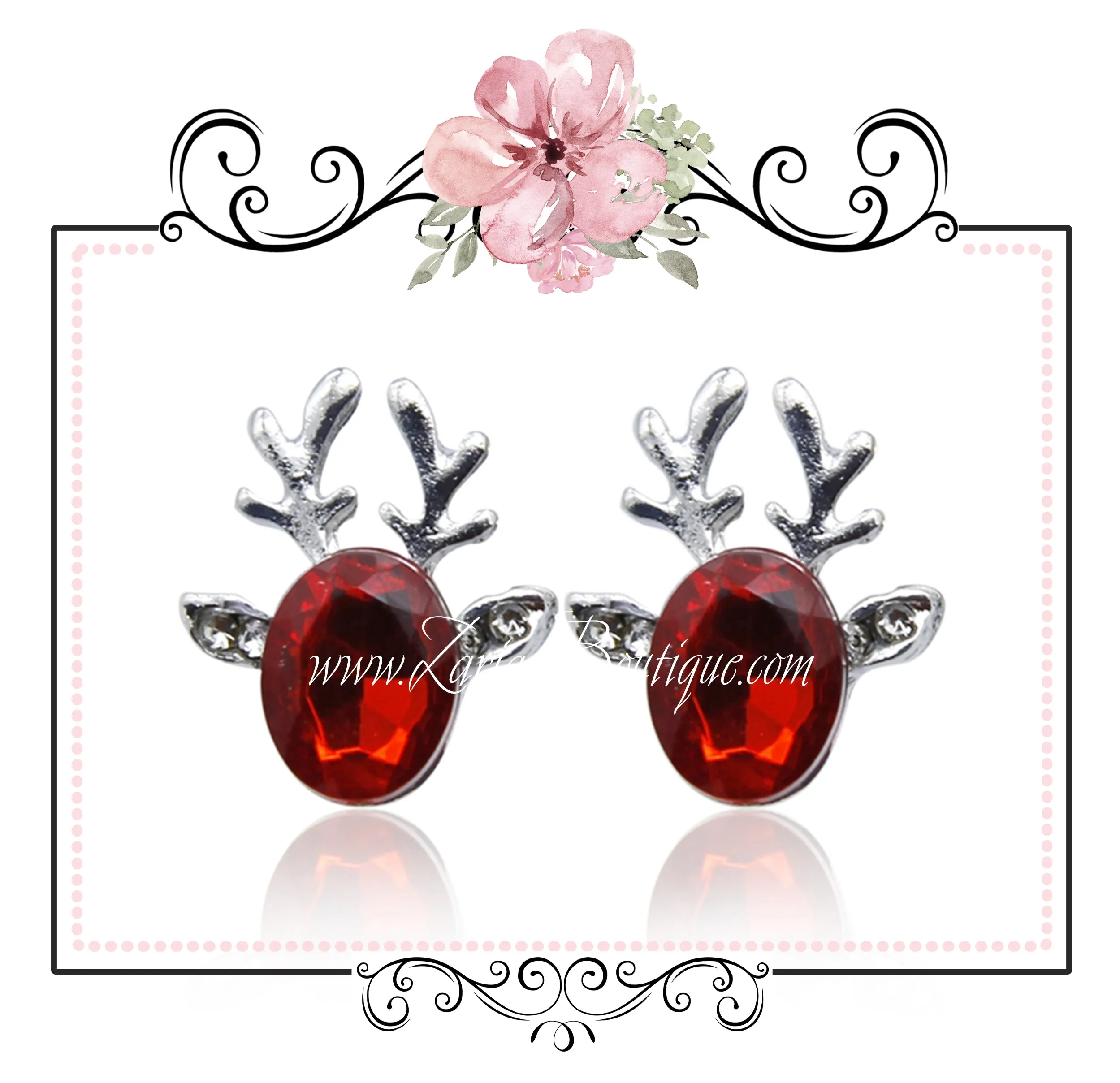 Pink Crystal Christmas Reindeer Earrings - Cut Glass Silver Alloy Pierced Stud Posts