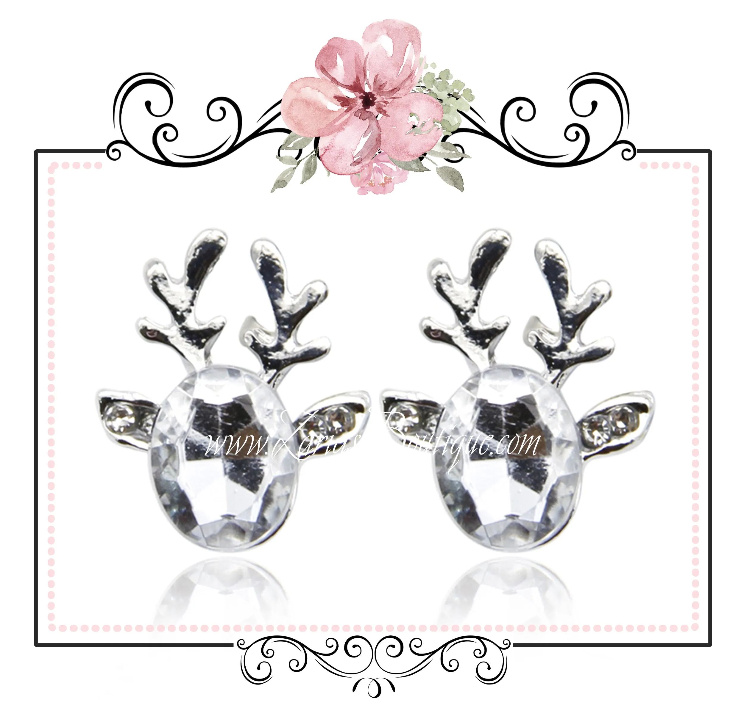 Pink Crystal Christmas Reindeer Earrings - Cut Glass Silver Alloy Pierced Stud Posts