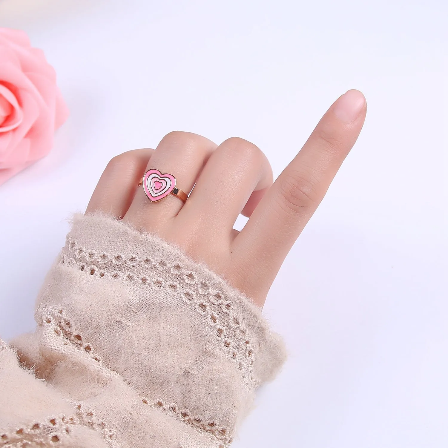 Pink Enamel Heart Ring, You Are Loved For Valentine Jewelry, 24K Gold Filled Love Ring U-471