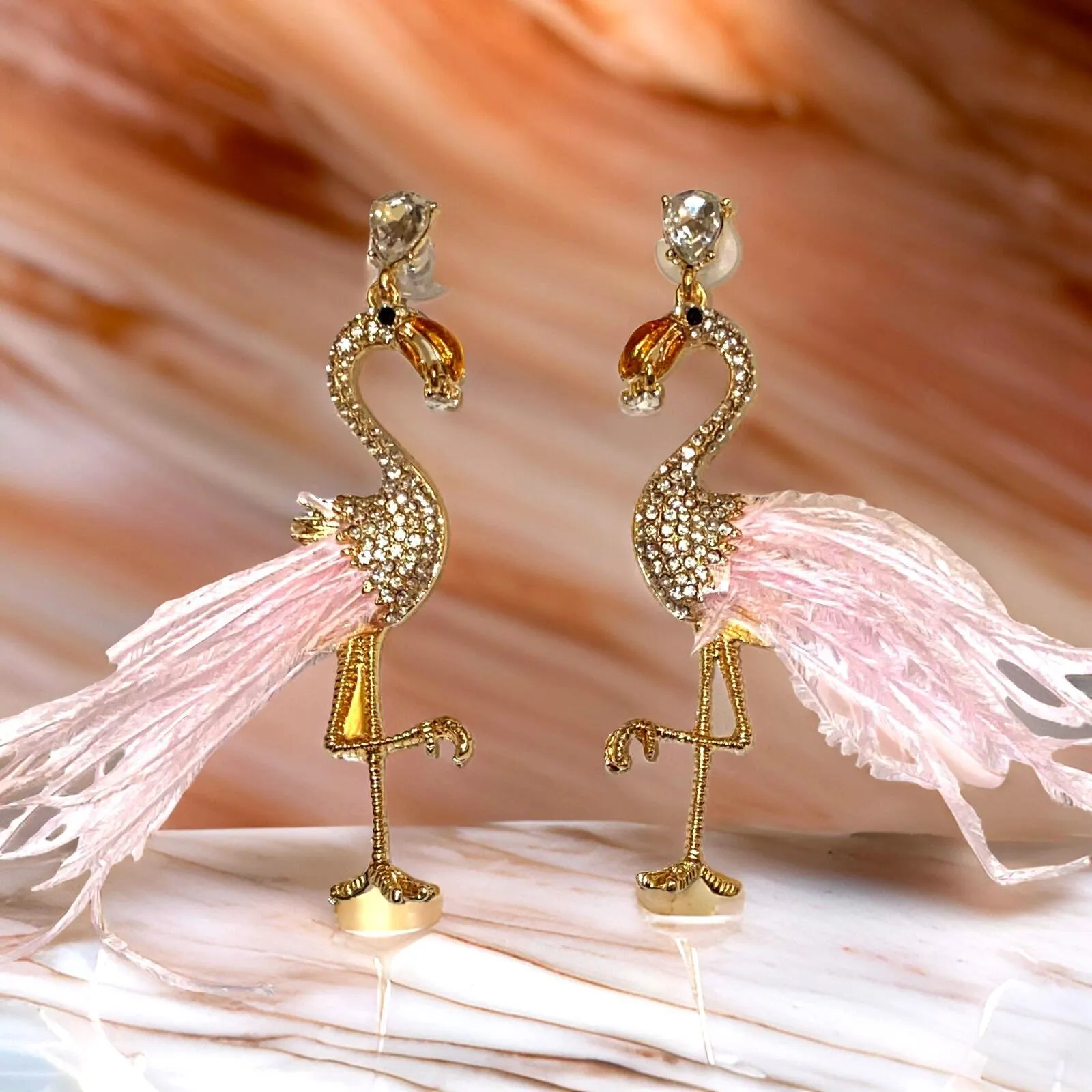 Plume Sparkle Feather Rhinestone Flamingo Earrings