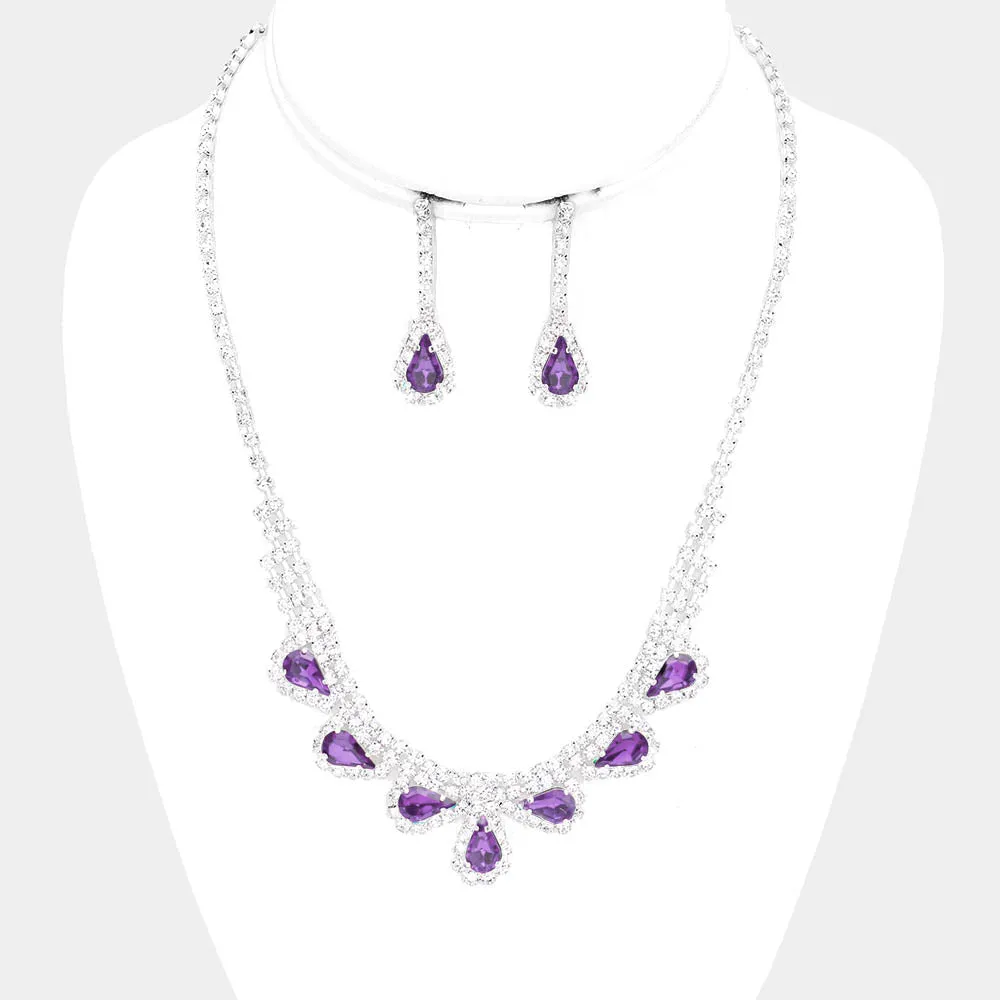 Purple and Rhinestone Teardrop Prom Necklace and Earrings | 452781