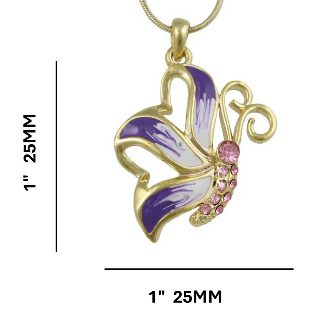 Purple Enamel and Crystal Butterfly Pendant with Gold Chain - PT328