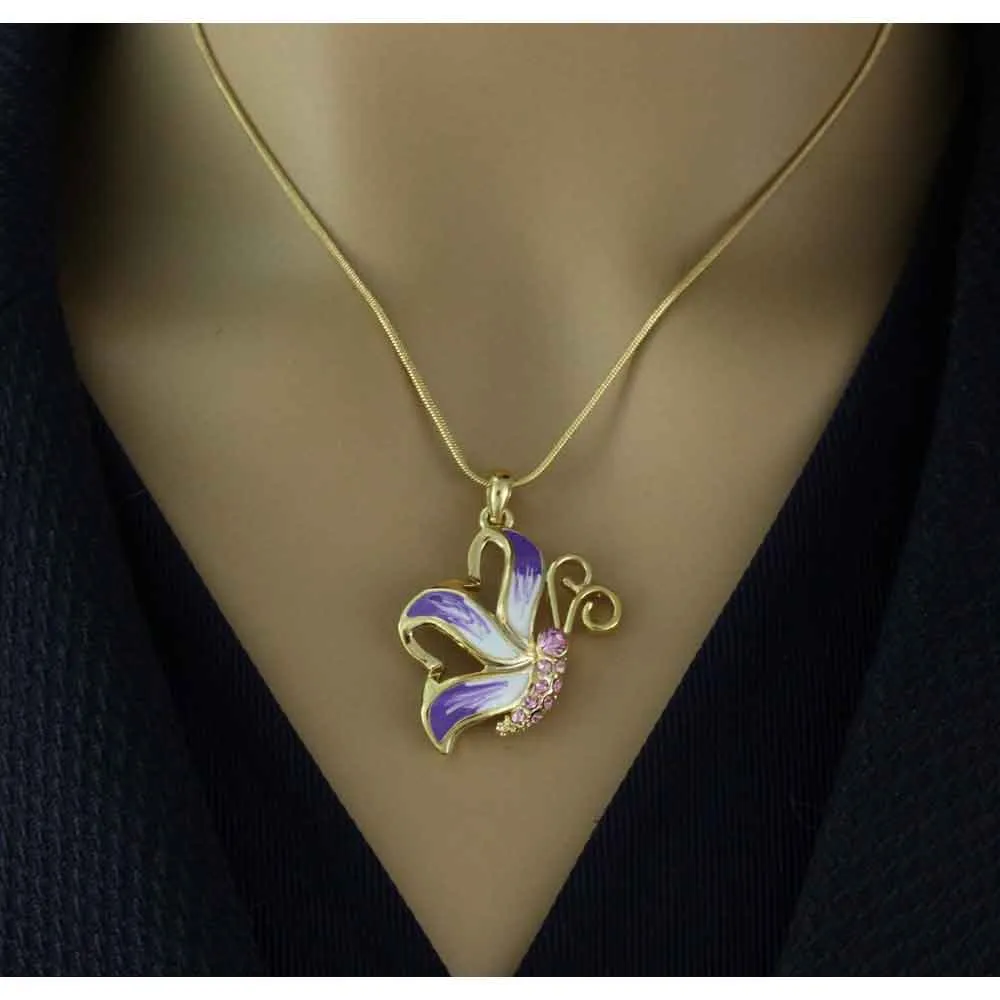 Purple Enamel and Crystal Butterfly Pendant with Gold Chain - PT328