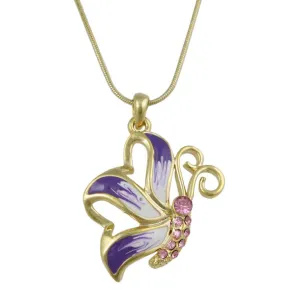 Purple Enamel and Crystal Butterfly Pendant with Gold Chain - PT328
