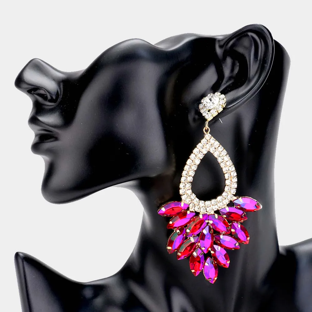 PURPLE MARQUISE CRYSTAL CLUSTER RHINESTONE EVENING DANGLE EARRINGS