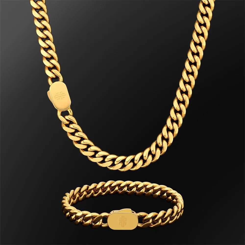 Push Button Clasp | 8mm Miami Cuban Link Chain and Bracelet Set in 18K Gold KRKC