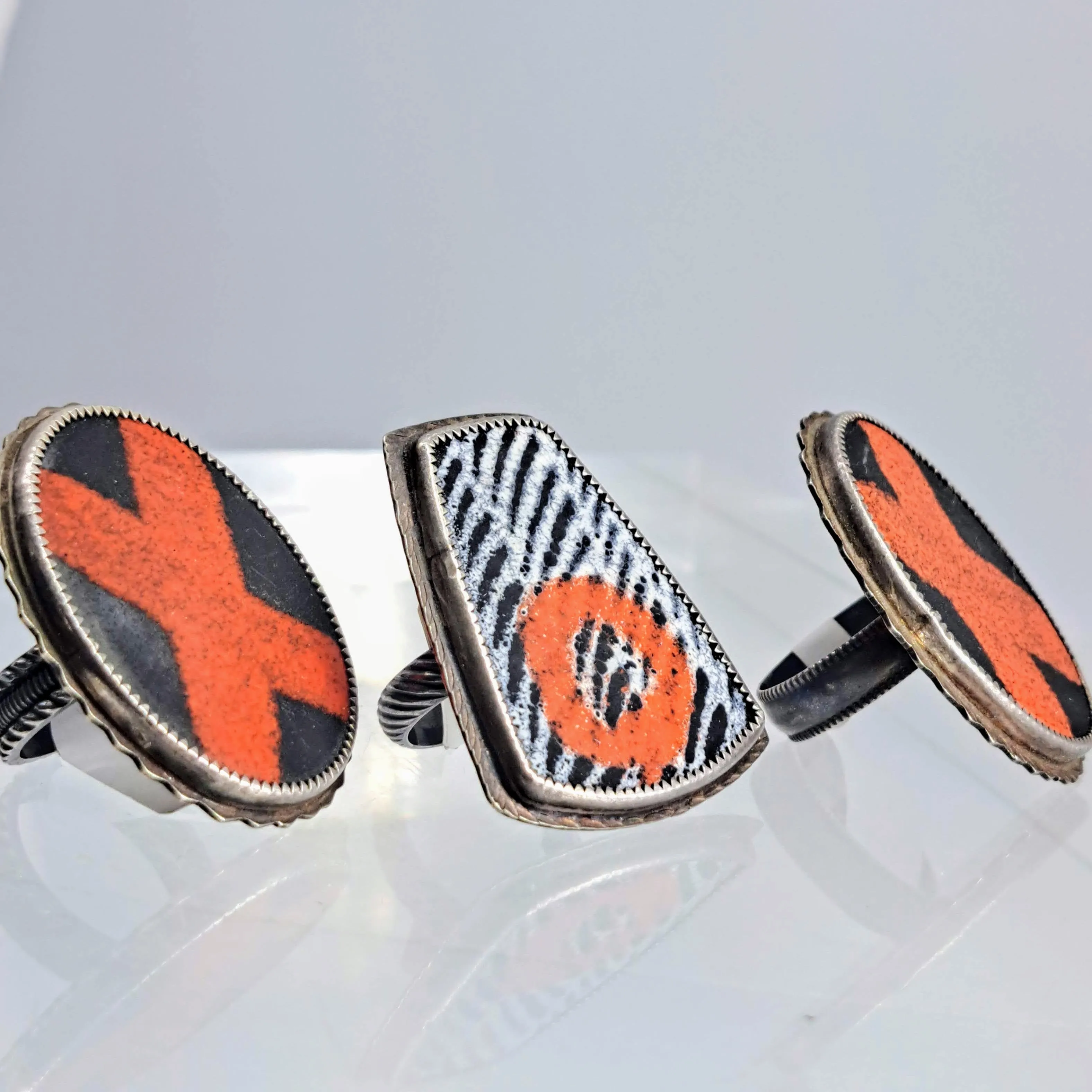"Hugs & Kisses   Tic-Tac-Toe!" Rings - Enamel, Patinaed Sterling