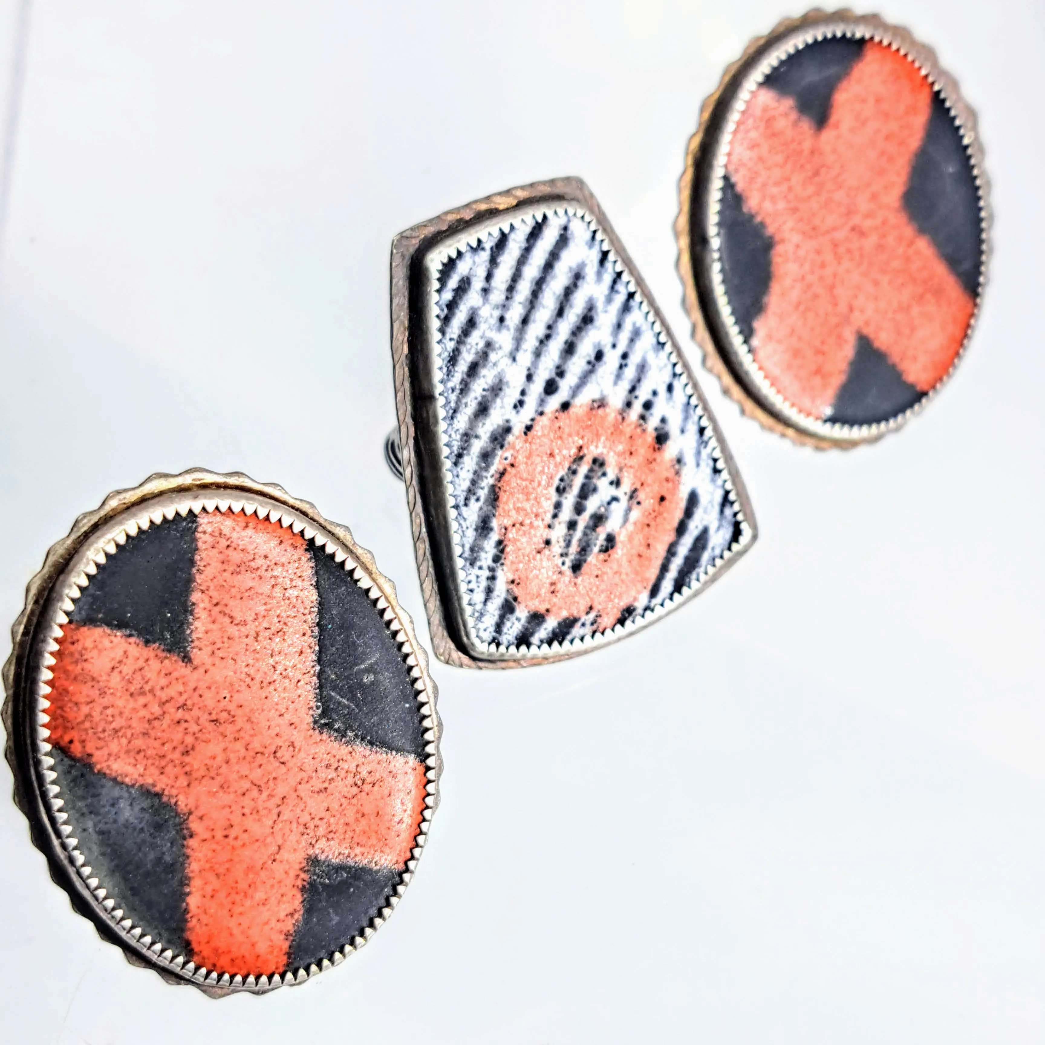 "Hugs & Kisses   Tic-Tac-Toe!" Rings - Enamel, Patinaed Sterling