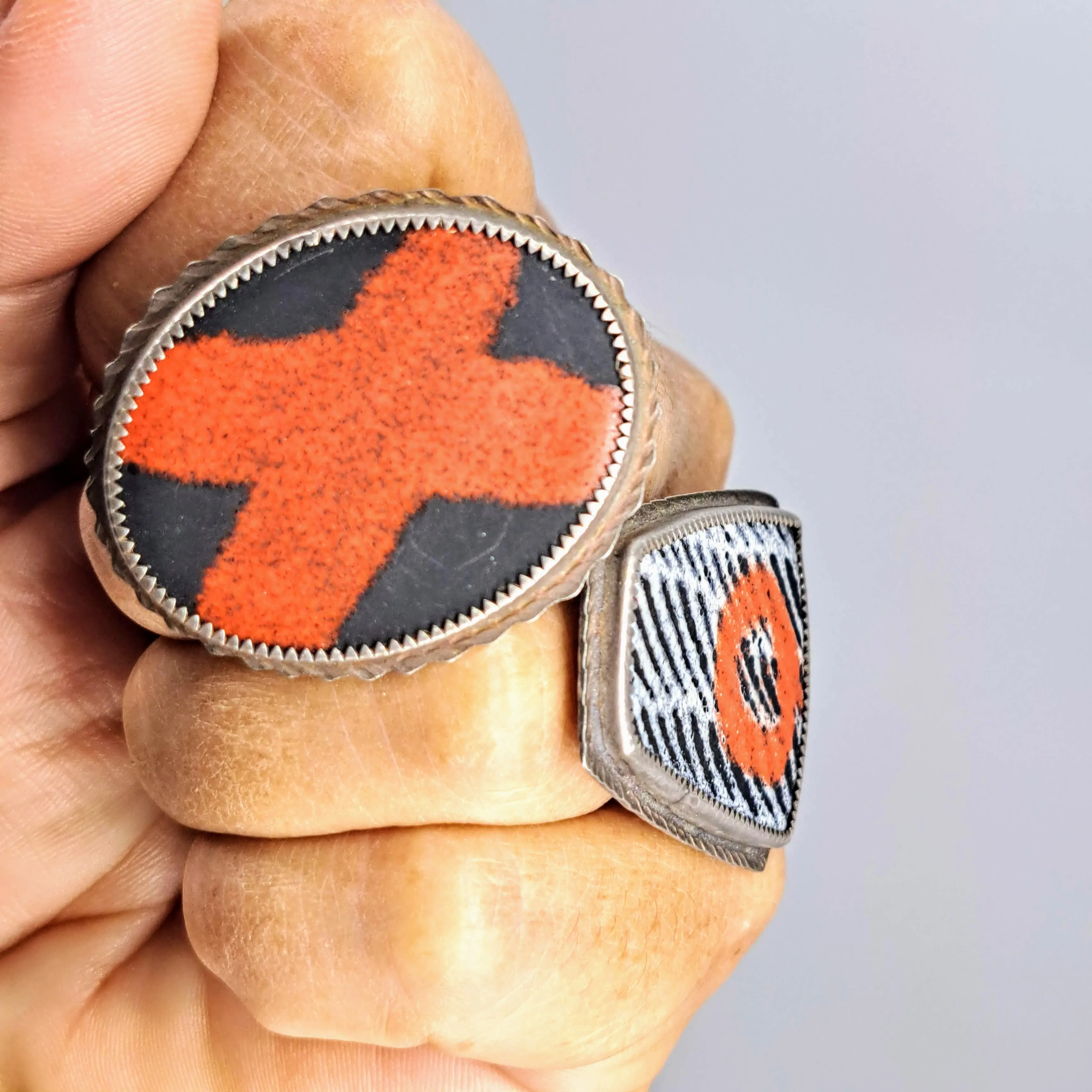"Hugs & Kisses   Tic-Tac-Toe!" Rings - Enamel, Patinaed Sterling
