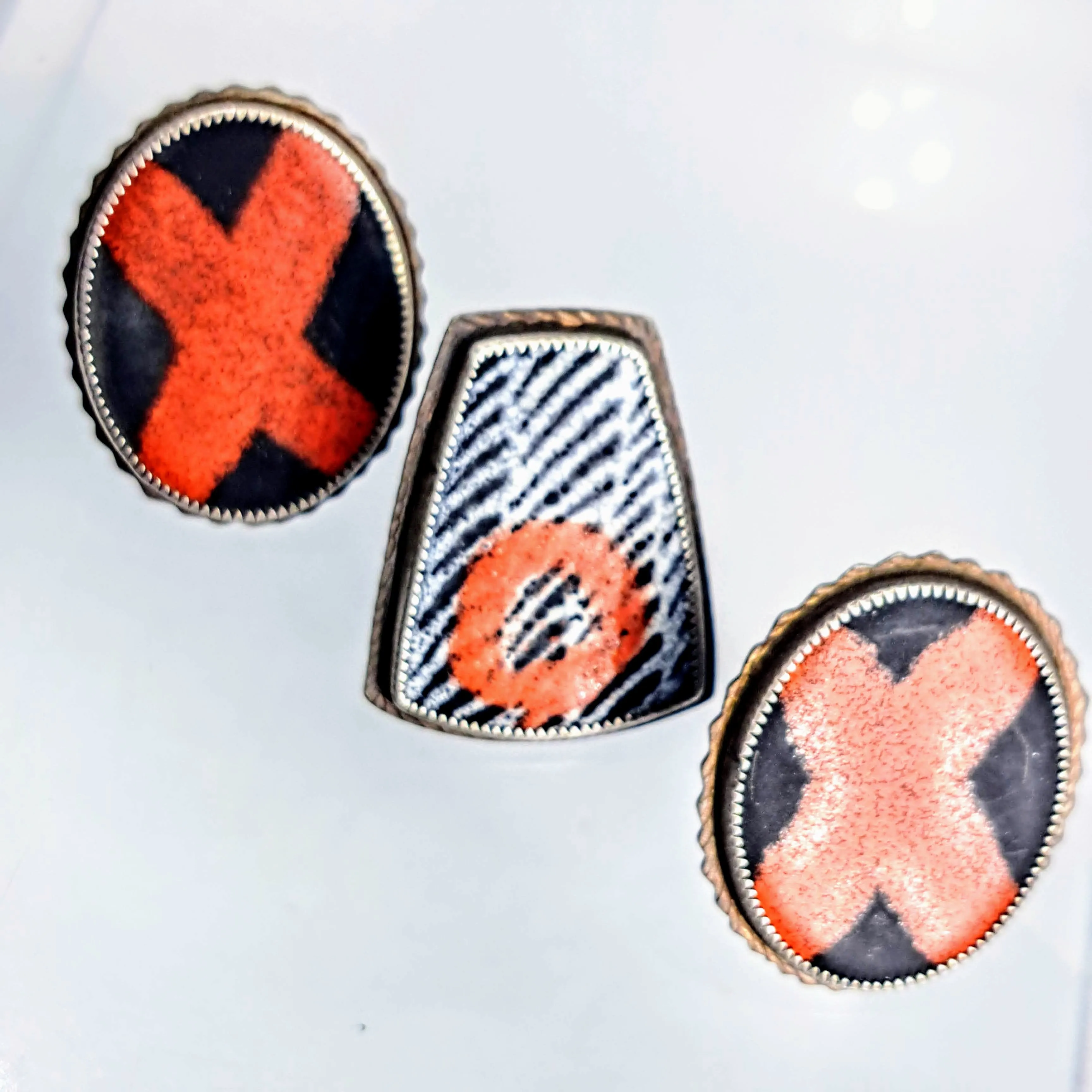 "Hugs & Kisses   Tic-Tac-Toe!" Rings - Enamel, Patinaed Sterling