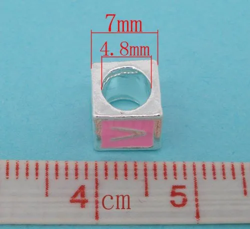 "V" Letter Square Charm Beads Pink Enamel European Bead Compatible for Most European Snake Chain Charm Bracelets