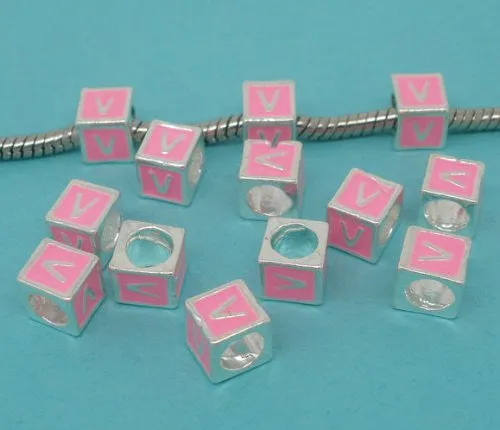 "V" Letter Square Charm Beads Pink Enamel European Bead Compatible for Most European Snake Chain Charm Bracelets