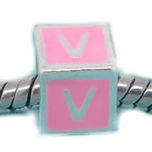 "V" Letter Square Charm Beads Pink Enamel European Bead Compatible for Most European Snake Chain Charm Bracelets