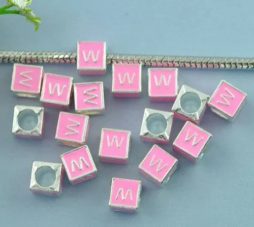 "W" Letter Square Charm Beads Pink Enamel European Bead Compatible for Most European Snake Chain Charm Bracelets