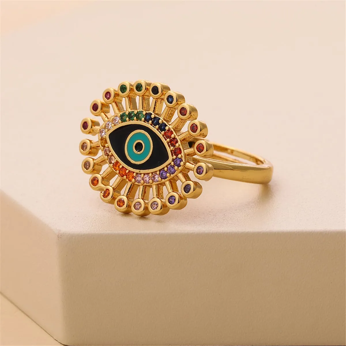 Rainbow Cubic Zirconia & Enamel 18K Gold-Plated Eye Bypass Ring