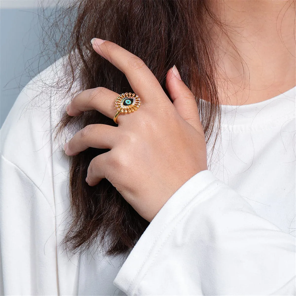 Rainbow Cubic Zirconia & Enamel 18K Gold-Plated Eye Bypass Ring