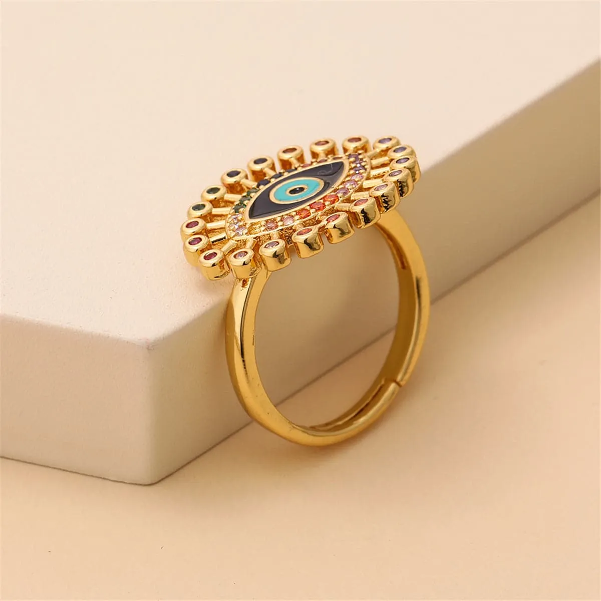 Rainbow Cubic Zirconia & Enamel 18K Gold-Plated Eye Bypass Ring
