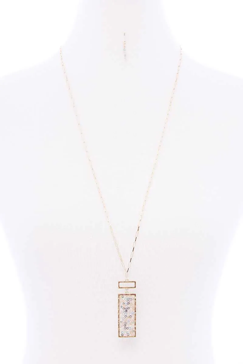 Rectangle Glass Bead Pendant Long Necklace