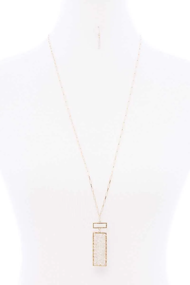 Rectangle Glass Bead Pendant Long Necklace
