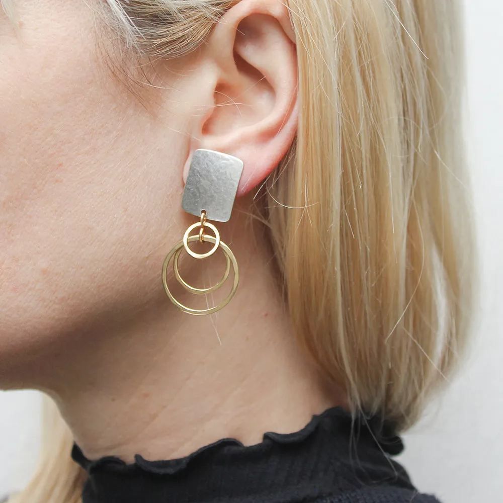 Rectangle with Tiered Hammered Rings Clip or Post Earring