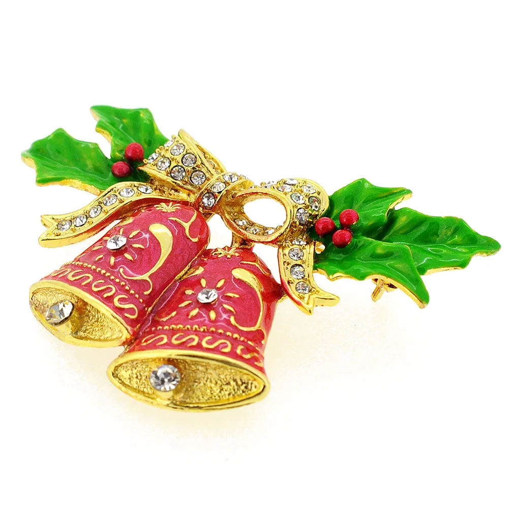 Red Christmas Bells with Bow & Holly Crystal Pin Brooch