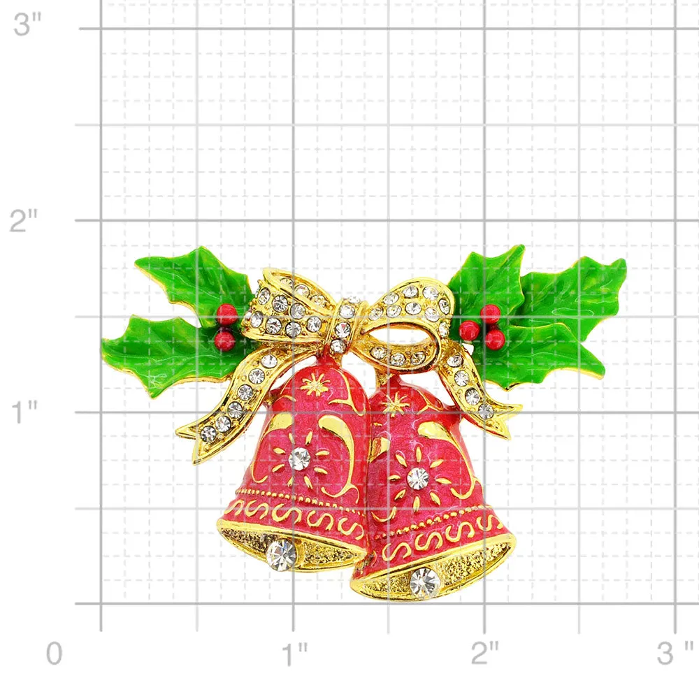 Red Christmas Bells with Bow & Holly Crystal Pin Brooch