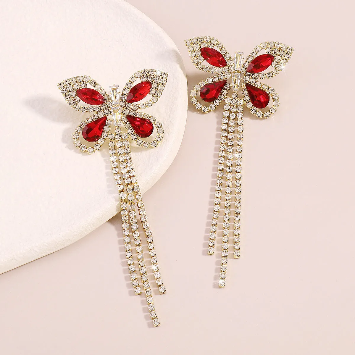 Red Crystal & Cubic Zirconia 18K Gold-Plated Butterfly Tassel Drop Earrings