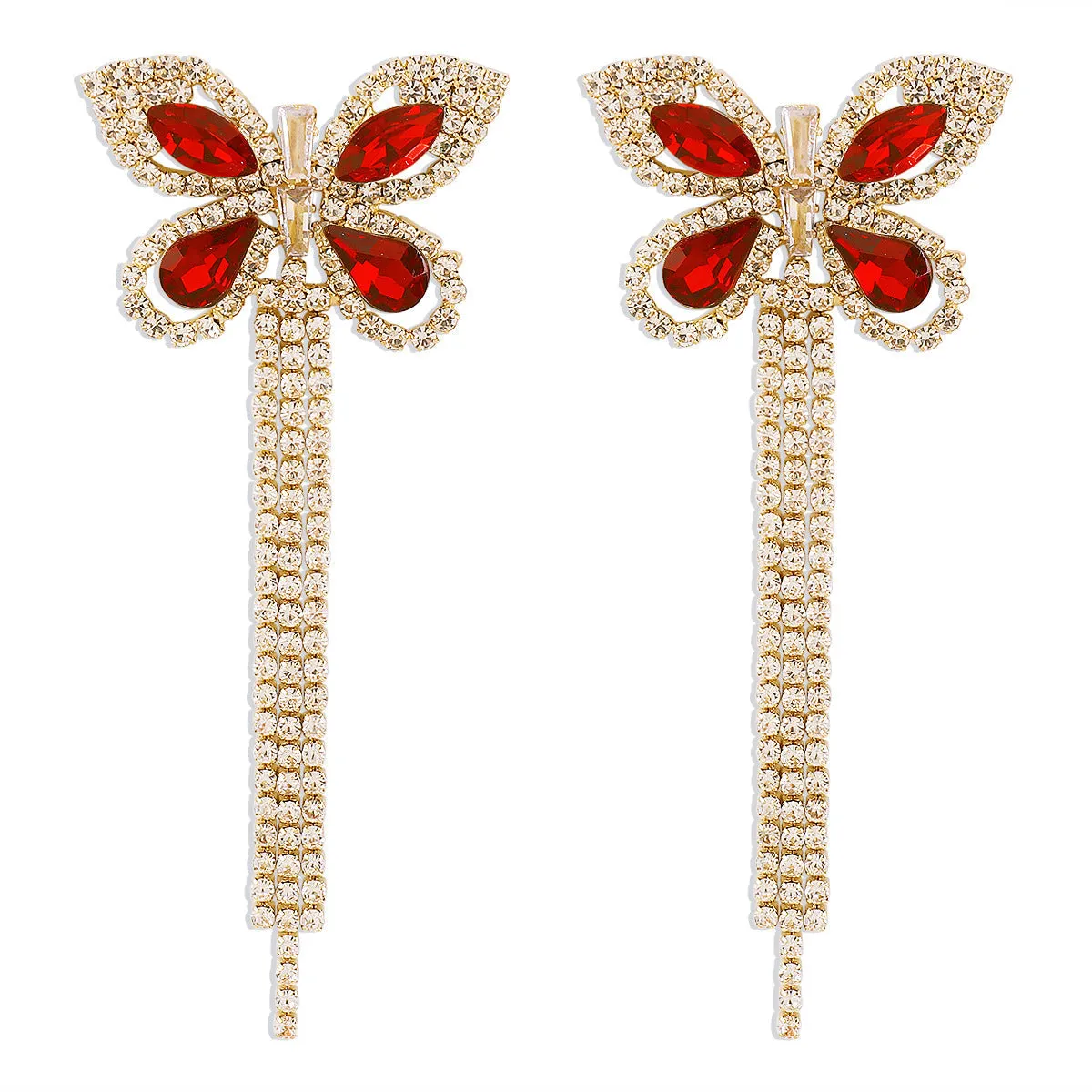 Red Crystal & Cubic Zirconia 18K Gold-Plated Butterfly Tassel Drop Earrings