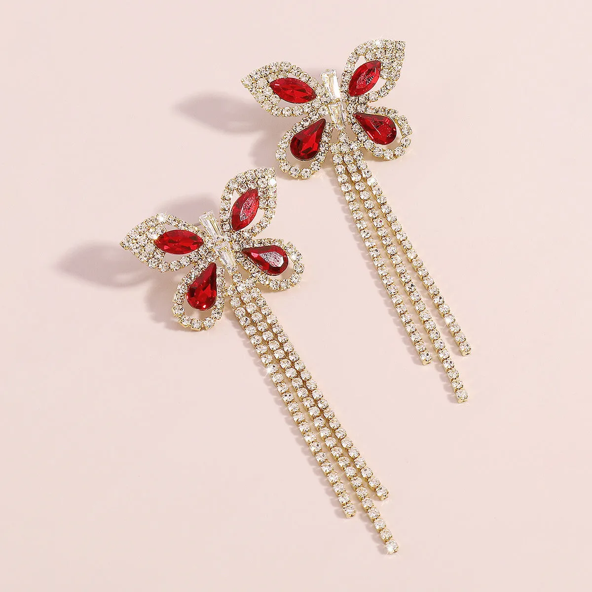 Red Crystal & Cubic Zirconia 18K Gold-Plated Butterfly Tassel Drop Earrings
