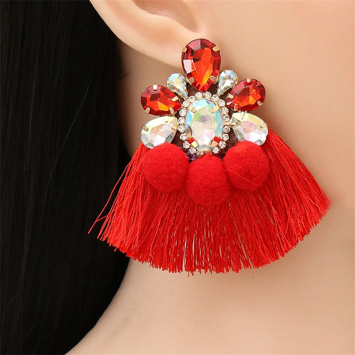 Red Crystal & Cubic Zirconia Polyster 18K Gold-Plated Tassel Drop Earrings