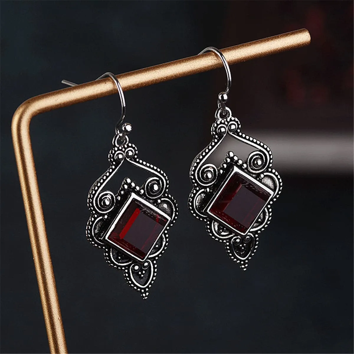Red Crystal & Silver-Plated Princess Cut Drop Earrings