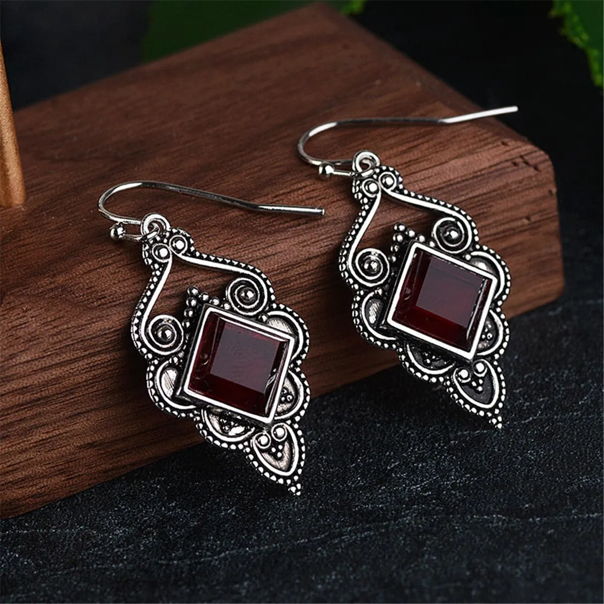 Red Crystal & Silver-Plated Princess Cut Drop Earrings