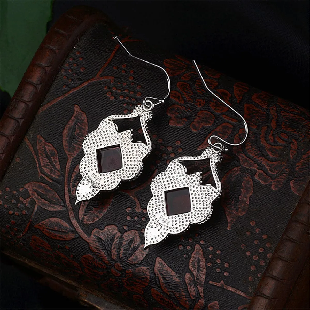 Red Crystal & Silver-Plated Princess Cut Drop Earrings