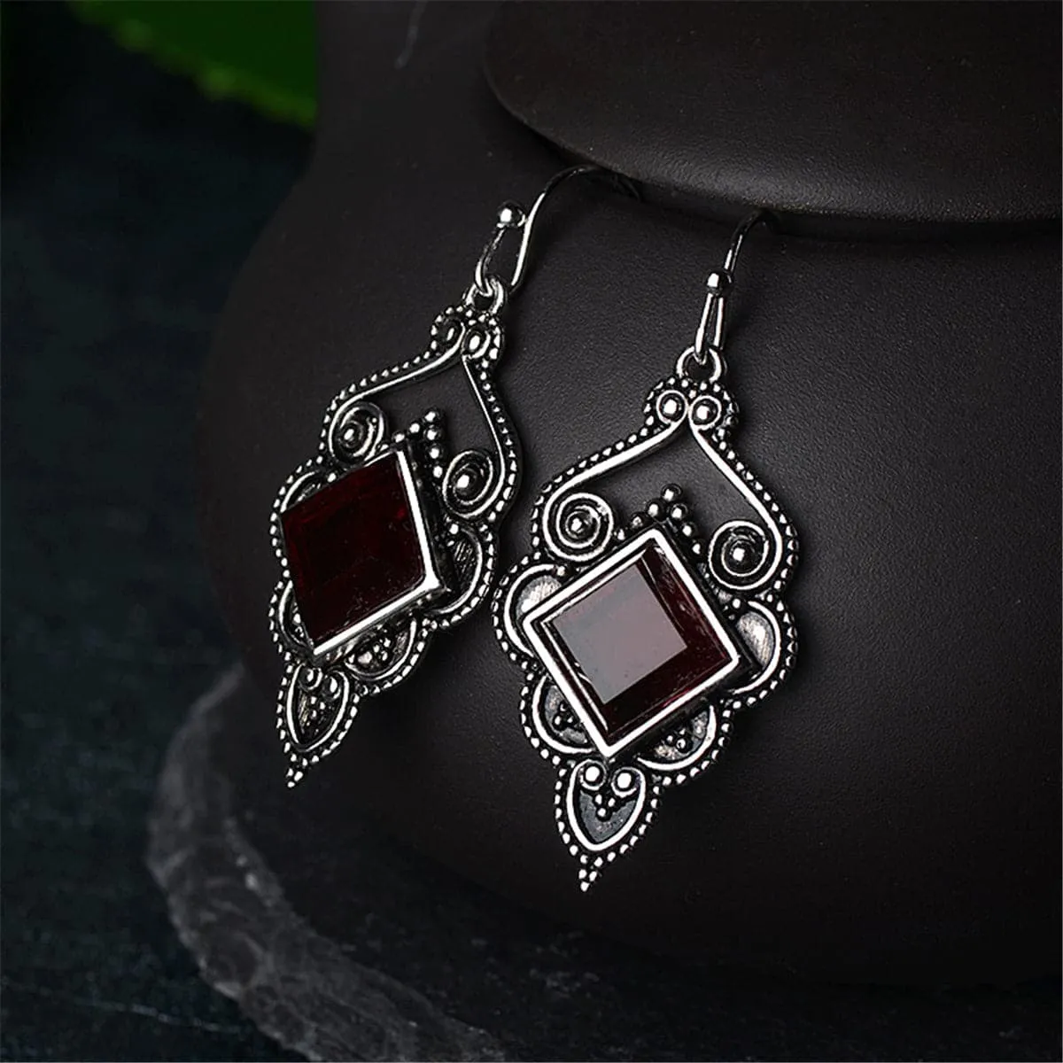 Red Crystal & Silver-Plated Princess Cut Drop Earrings
