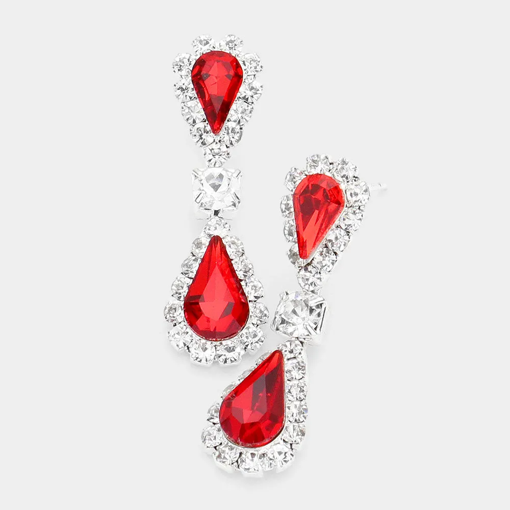 Red Double Teardrop Rhinestone Accented Small Pageant Earrings | Little Girl Earrings |  512675