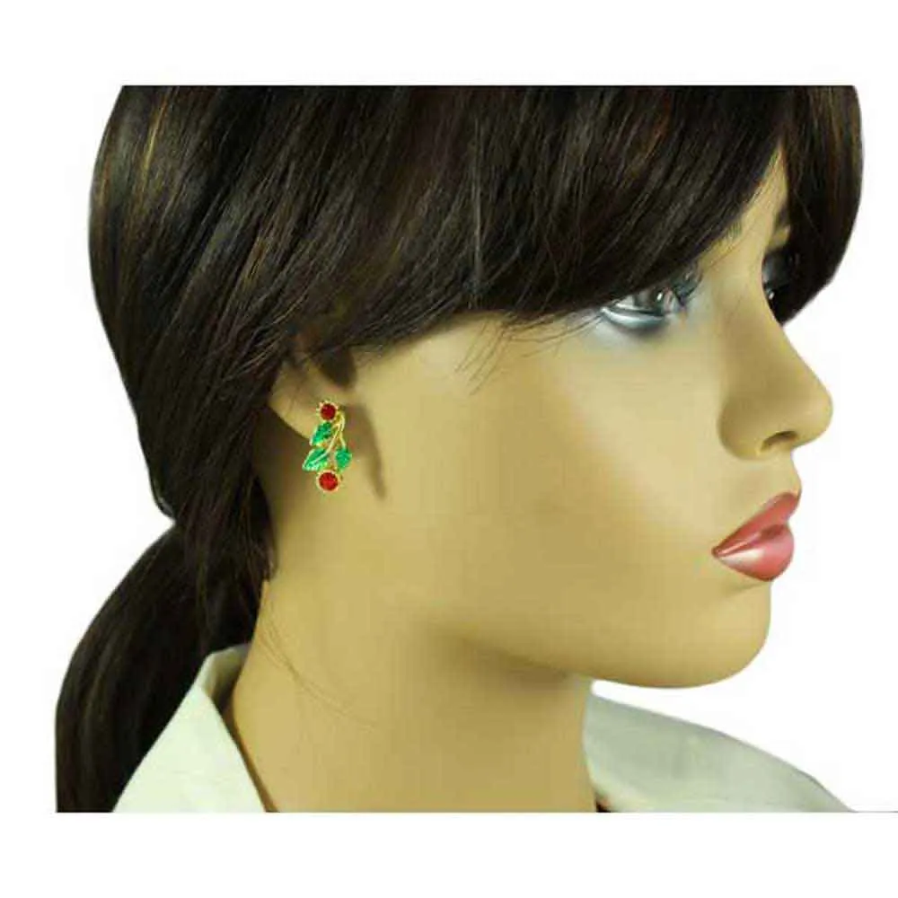 Red Holly Berries with Green Leaves Pierced Earring - XP621E
