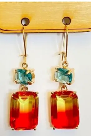 Red ombre rectangle on aqua rectangle rhinestone earring