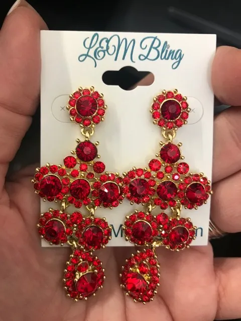 Red Round Crystal and Rhinestone Drop Earrings | 219799