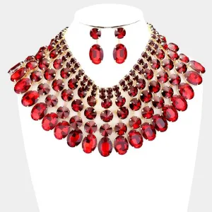 Red Siam Crystal Glass Bib Statement Gold Necklace Set