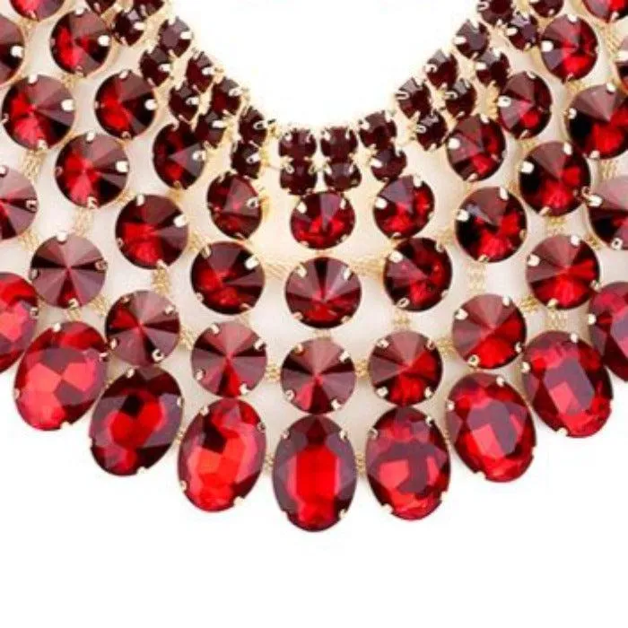 Red Siam Crystal Glass Bib Statement Gold Necklace Set