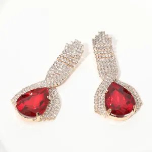 Red Teardrop Embellished with Clear Rhinestone Pageant Earrings | Red Prom Earrings |  654098