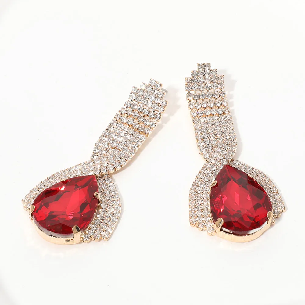 Red Teardrop Embellished with Clear Rhinestone Pageant Earrings | Red Prom Earrings |  654098
