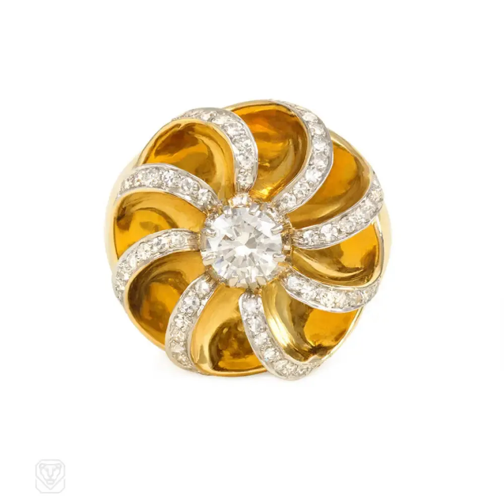 René Boivin Retro gold and diamond swirl ring