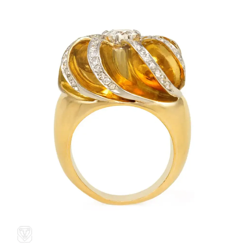 René Boivin Retro gold and diamond swirl ring
