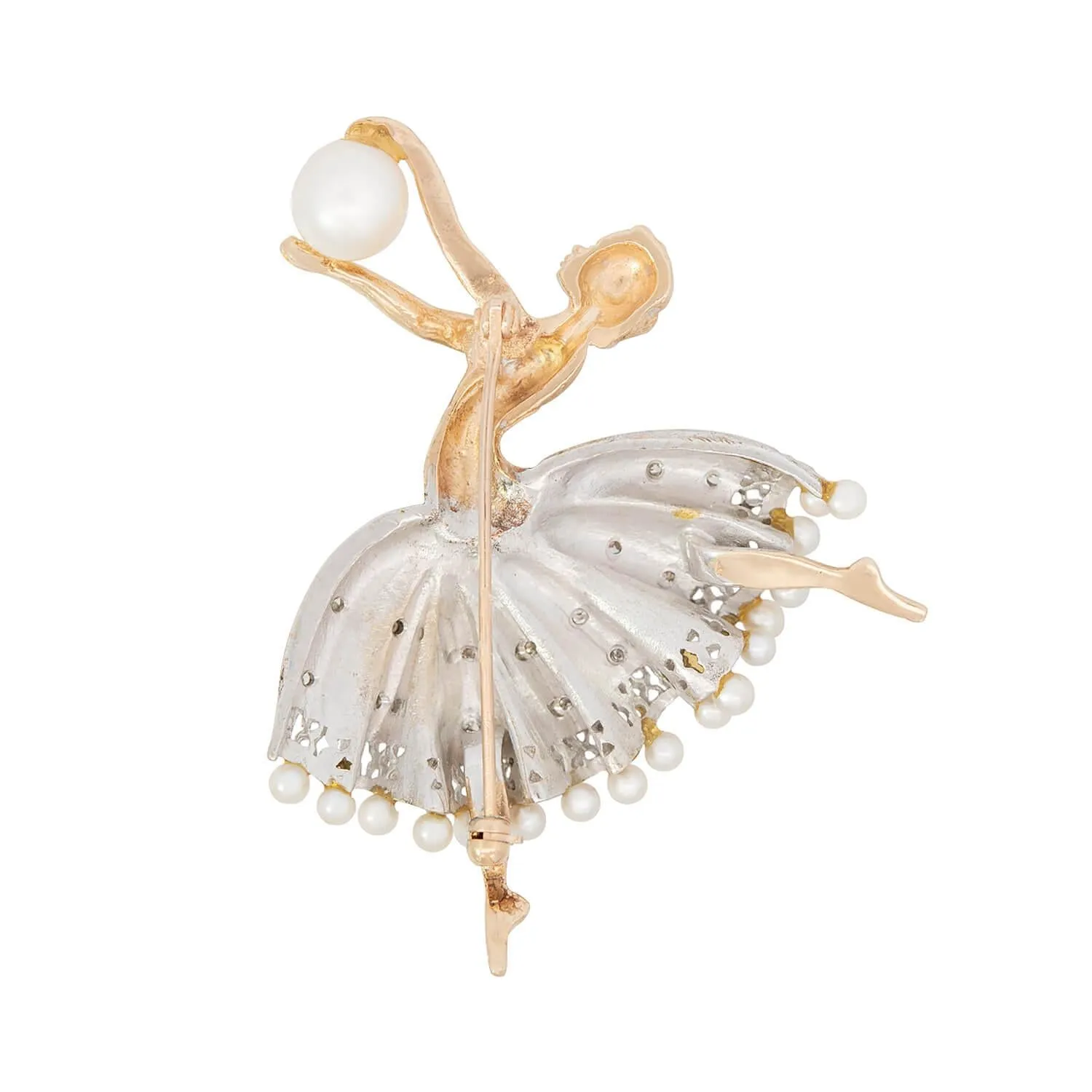 Retro 14k White/Yellow with Diamonds & Pearl Ballerina Pin